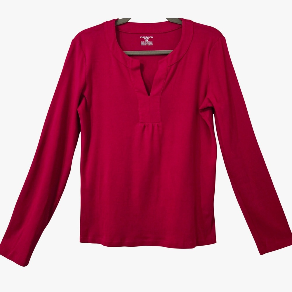 Jones NY Sport Women's M Chic Berry Pink 100% Cotton Long Sleeve Split Neck Top
